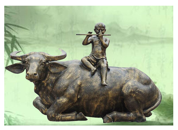 仿铜牧童骑黄牛民俗文化人物雕塑民俗工艺玻璃钢吹笛小孩骑牛雕塑
