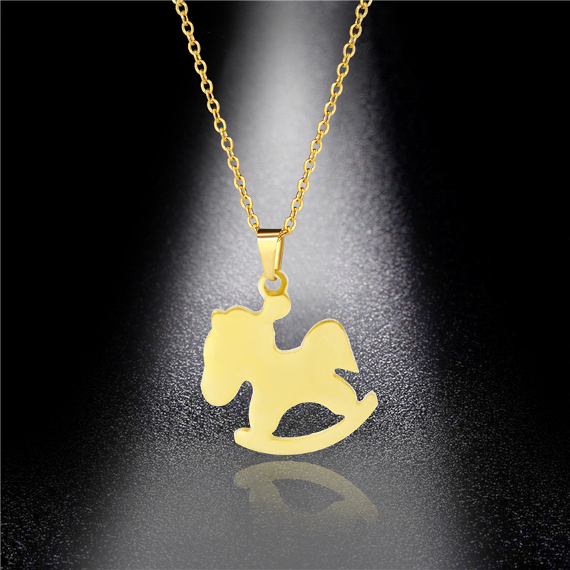 Foreign Trade Jewelry Cute Titanium Steel Small Wooden Horse Necklace Female Lady Simple Stainless Steel Accessories Pendant Clavicle Chain