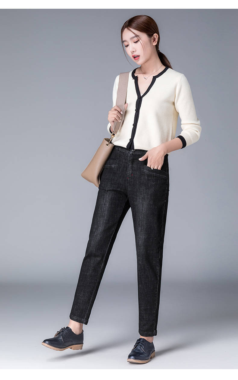 加绒加厚哈伦牛仔裤女宽松休闲小脚裤子大码萝卜裤女士九分冬款