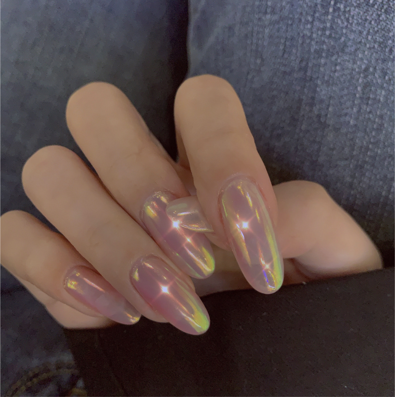 极光粉美甲尖头人鱼姬粉美甲贴片穿戴甲成品假指甲防水可拆卸甲片