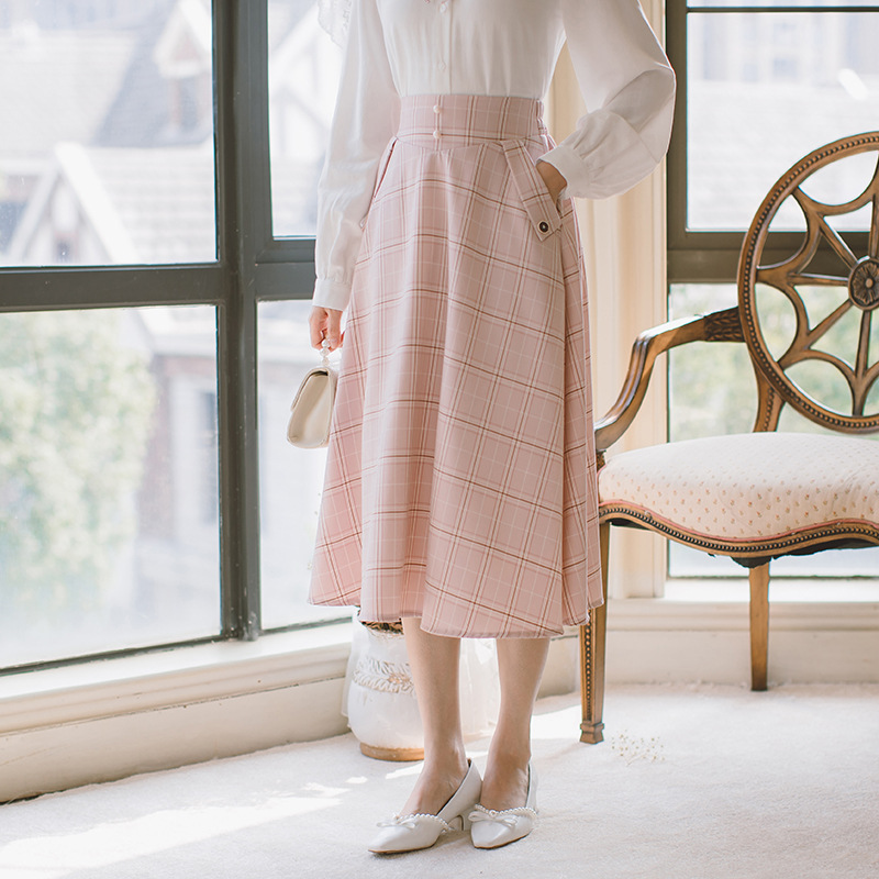 实拍新款 复古格子过膝半身裙