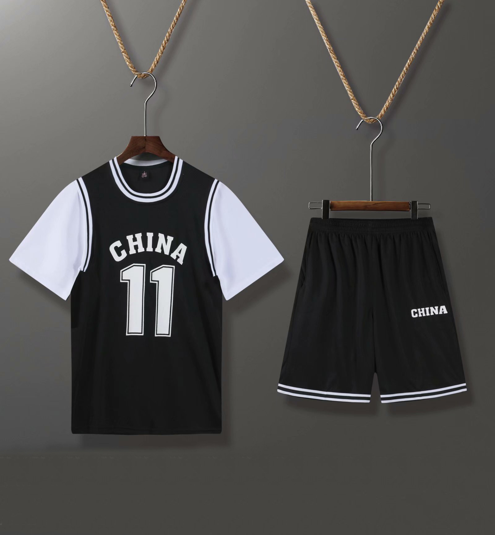 中国队11号假两件套装篮球服套装男女同款球衣裤子两侧口袋s-3xl