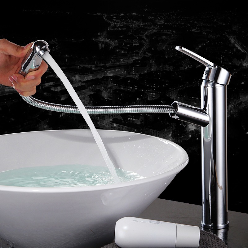 全铜抽拉式水龙头可拉伸拉伸缩冷热洗头器艺术脸盆面盆浴室柜龙头