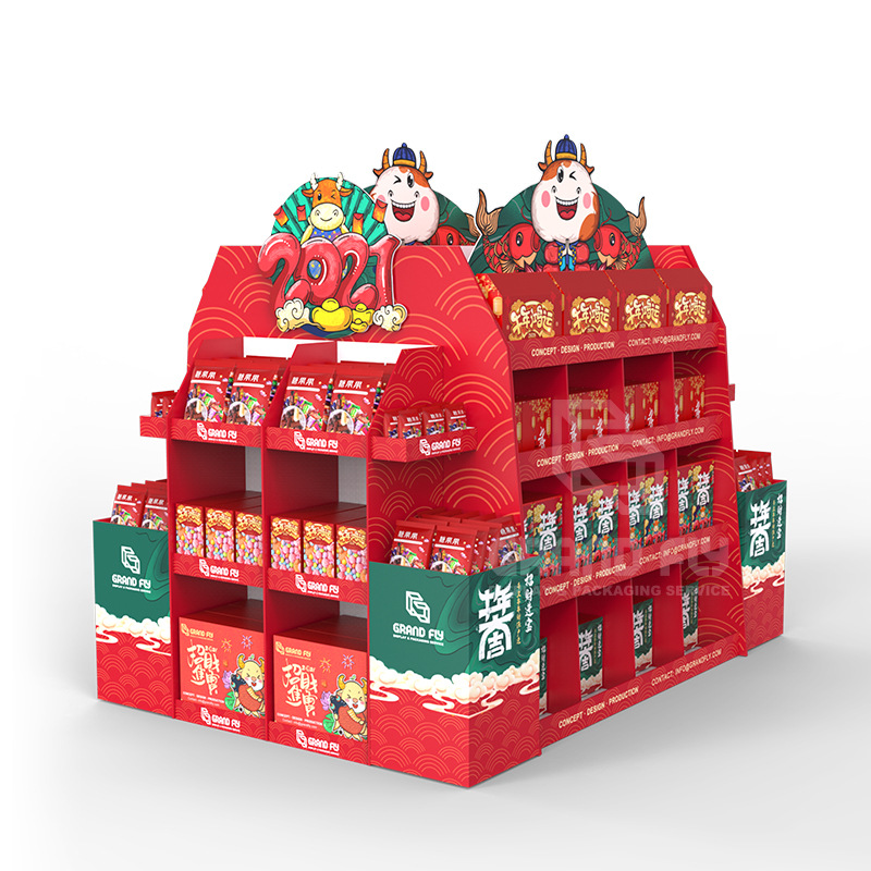源头厂家新年超市礼品促销纸堆头 春节年货纸地堆纸展示架定制