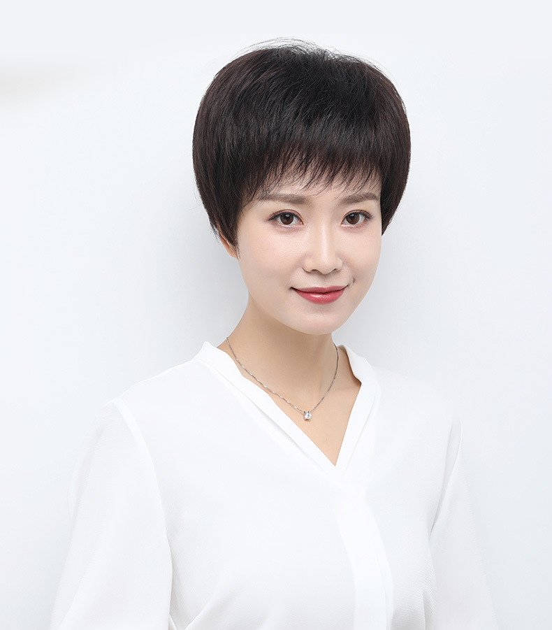 假发 女短发自然时尚全头套中老年妈妈全真人发丝毛碎刘海 短直发