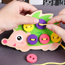儿童益智手工木制玩具 幼儿园早教刺猬裙子穿编缝纽扣子穿绳游戏
