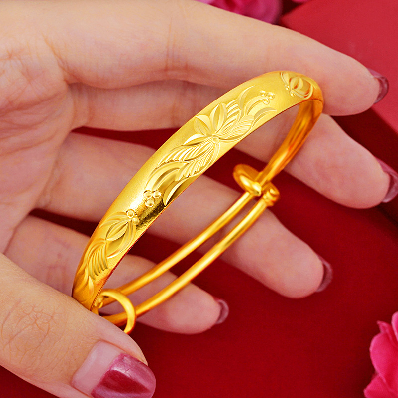 泰国金原创款式不掉色手镯女款9n推拉爱心花纹手镯节日送礼