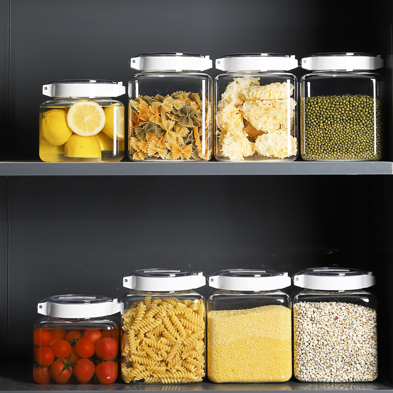 Kitchen Transparent Sealed Cans Cereals Storage Jar Spices Nuts Moisture-Proof Pressing Food Storage Box Plastic