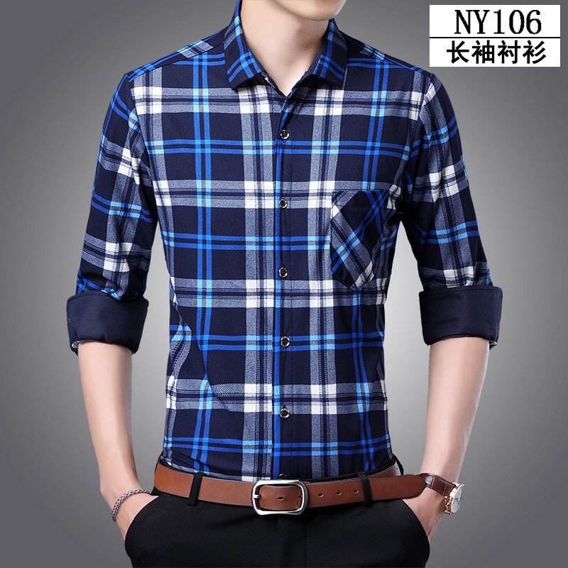 Spring and Autumn New Men's Loose Long-Sleeved Shirt Young and Middle-Aged Plaid Leisure Iron-Free Printed Thin Shirt Men's Wholesale
