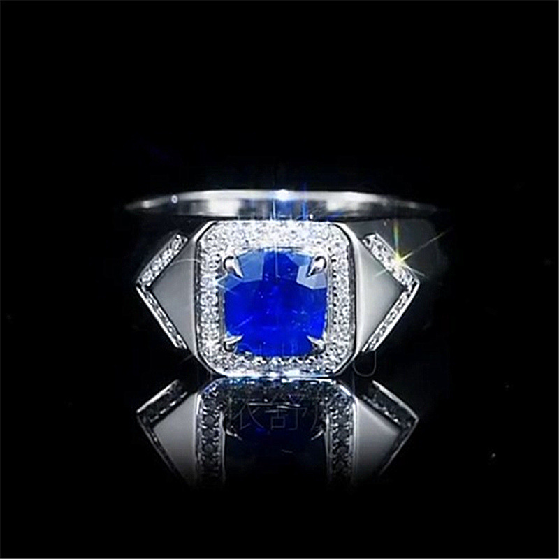 韩版正方钻蓝宝石蓝钻戒指男戒 镀18k钻石镶嵌蓝刚玉水晶八心八箭