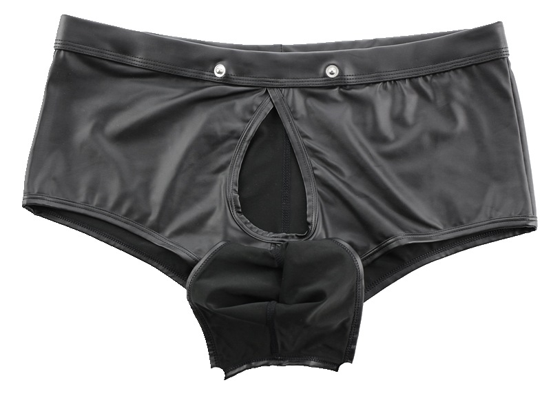 男士漆皮平角内裤枪弹分离激凸翻盖低腰镂空一件代发