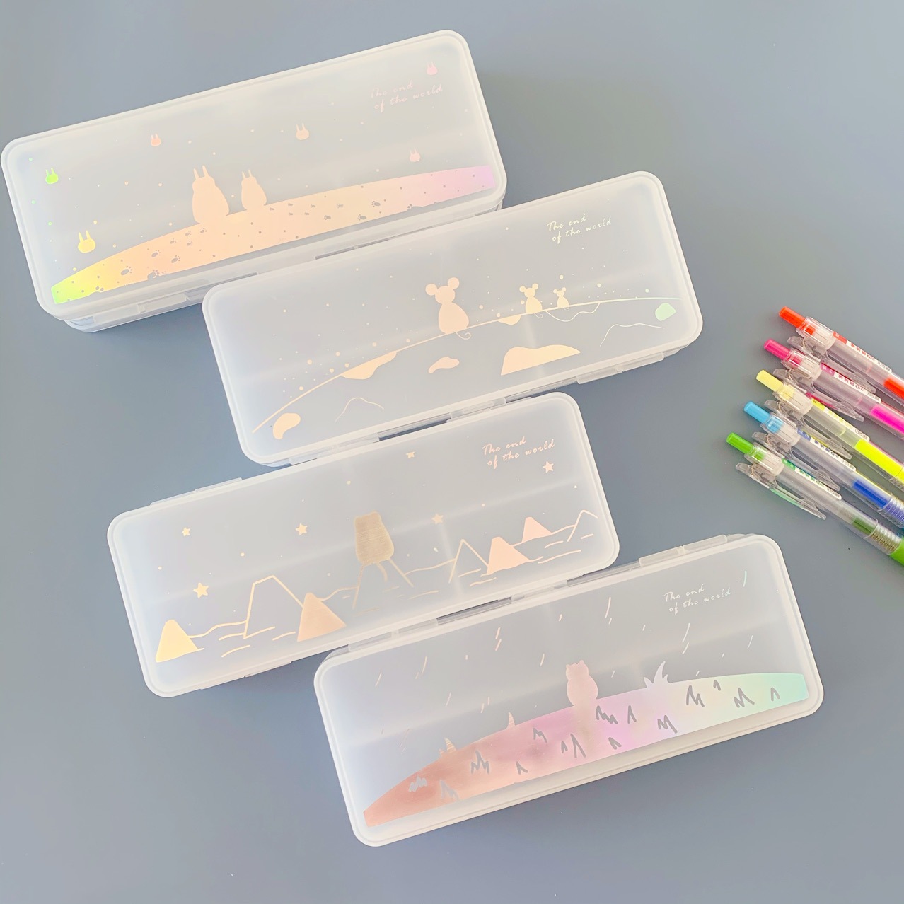 创意文具 简约无印风透明pp笔盒 双层双开文具盒/卡通学生铅笔盒