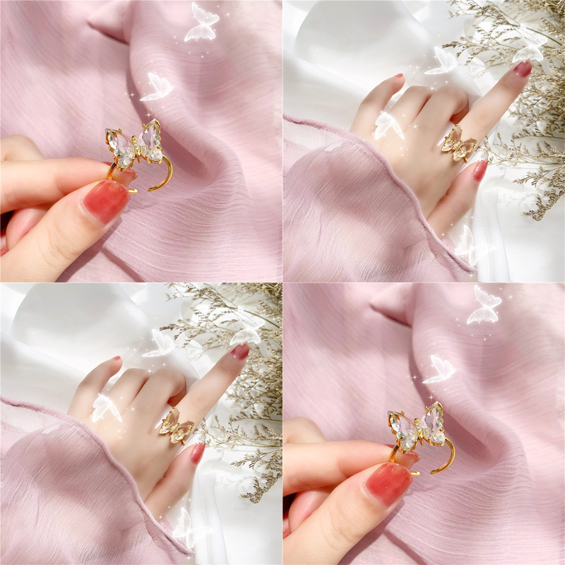 High-Grade Butterfly Ring Women's Japanese and Korean-Style Light Luxury Open Diamond Ring Light Crystal Three-Dimensional Index Finger Ring Internet Celebrity