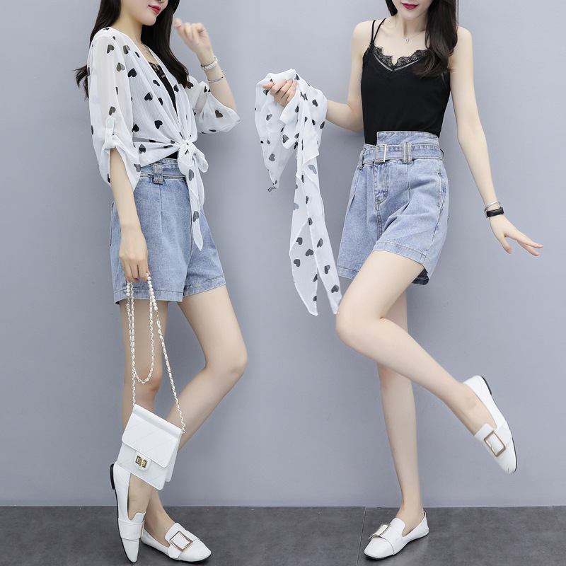 2020胖mm大码女装120斤微胖女生套装穿搭洋气减龄牛仔短裤三件套