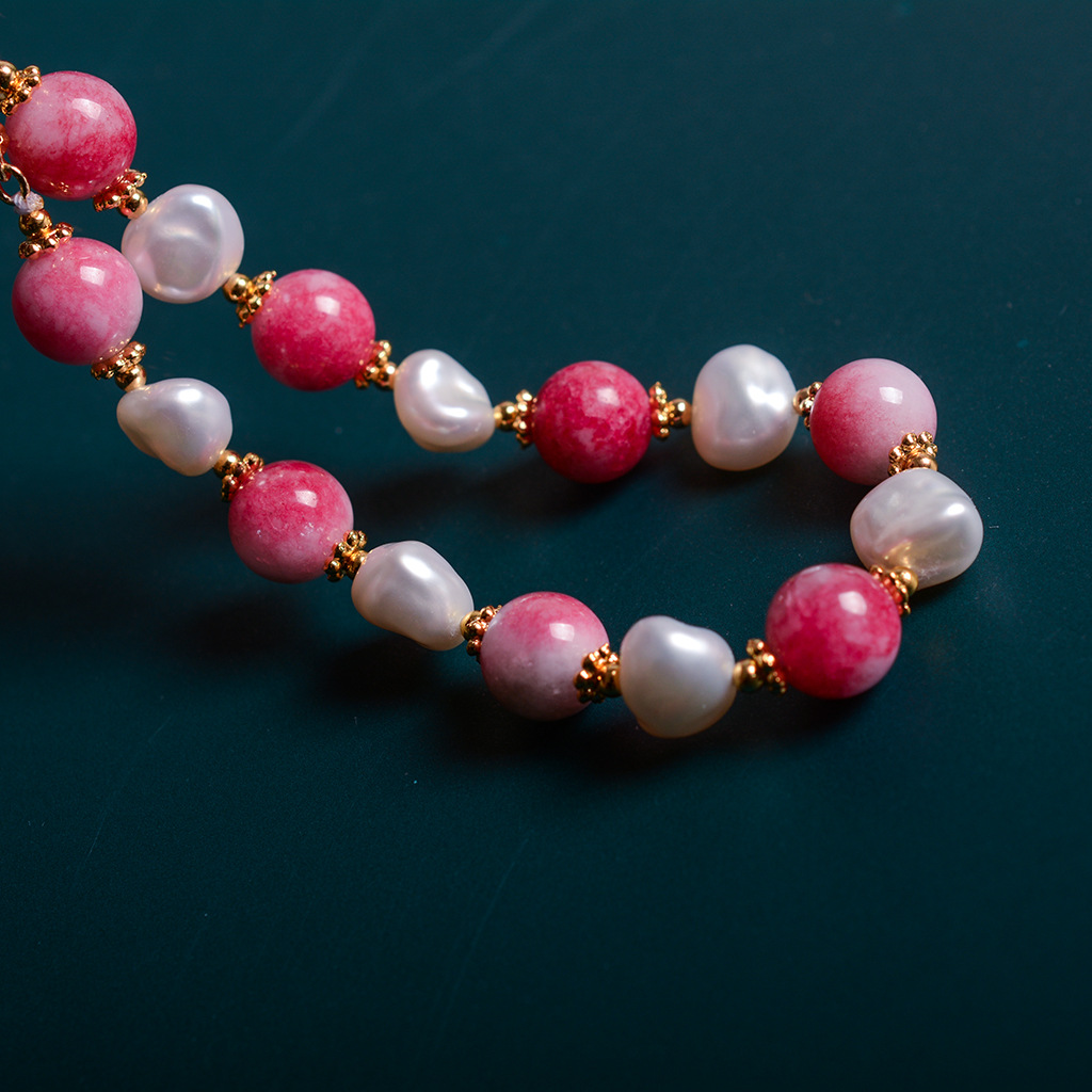 欧美创意时尚桃花玉巴洛克珍珠手链 手工编织14k包金淡水珍珠手链