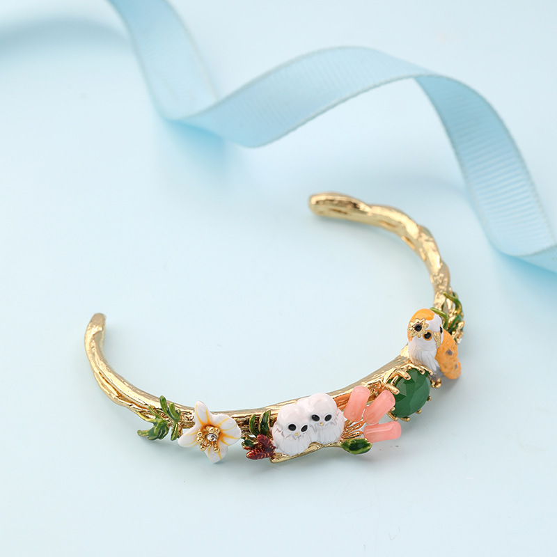 法式新款手绘珐琅釉猫头鹰动物手镯女 绿钻镀金开口手镯手环批发