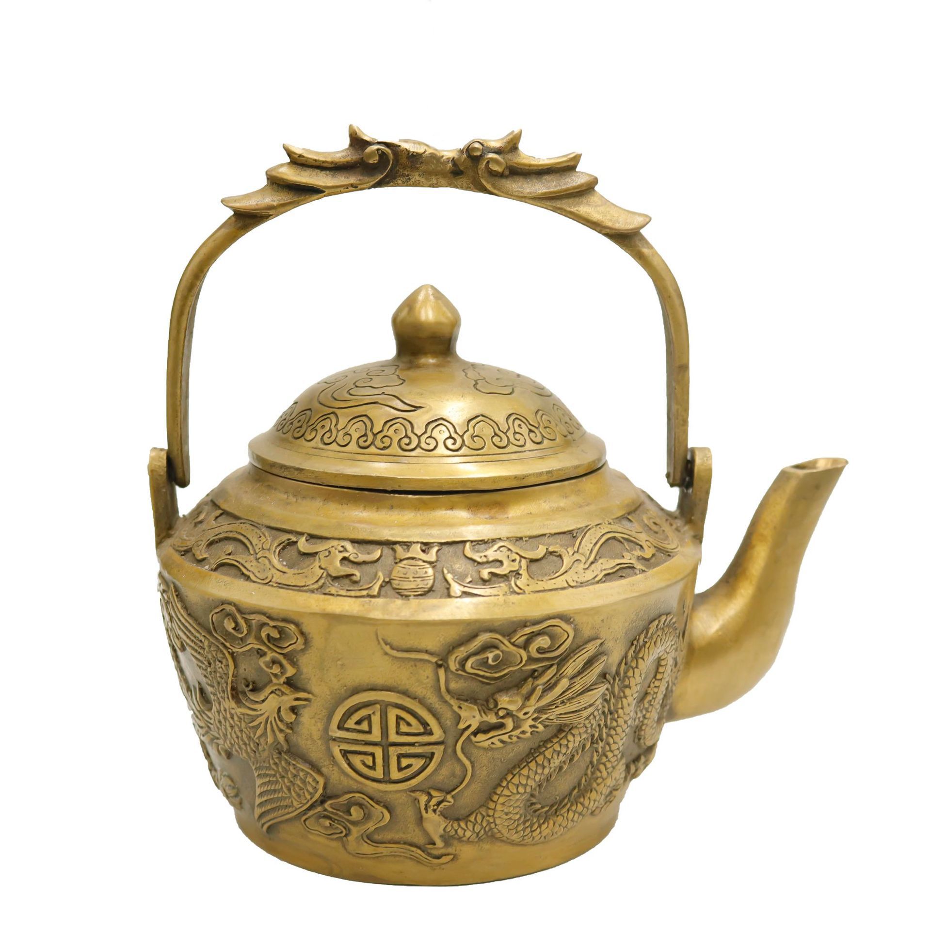 铜壶黄铜龙凤呈祥酒壶茶壶乾隆年制古玩收藏做旧杂项铜器工艺品