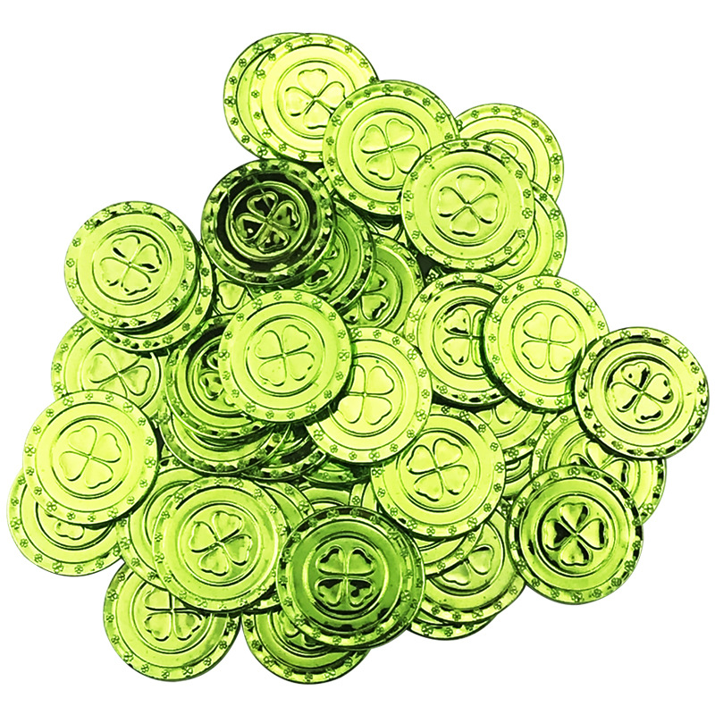 外贸跨境圣帕特里克节日幸运四叶草币 塑料绿色金币 电镀四叶草币