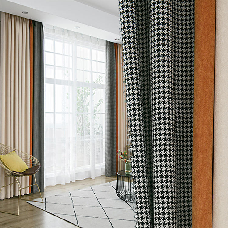 2020新款北欧风千鸟格拼接撞色遮光轻奢高档卧室落地窗帘客厅阳台