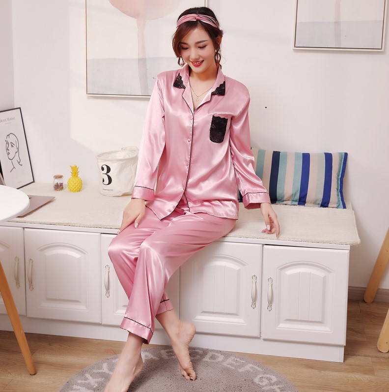 婕西批发冰丝睡衣女夏季长袖仿真丝绸家居服性感两件套薄春秋款