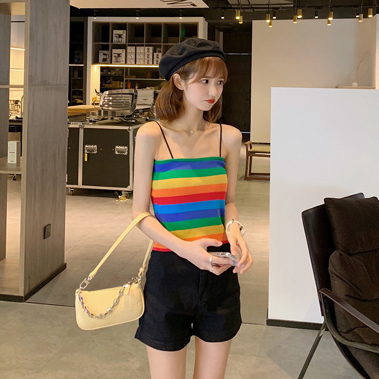 网红泫雅小吊带上衣夏外穿ins潮彩虹条纹针织小背心无袖内搭打底