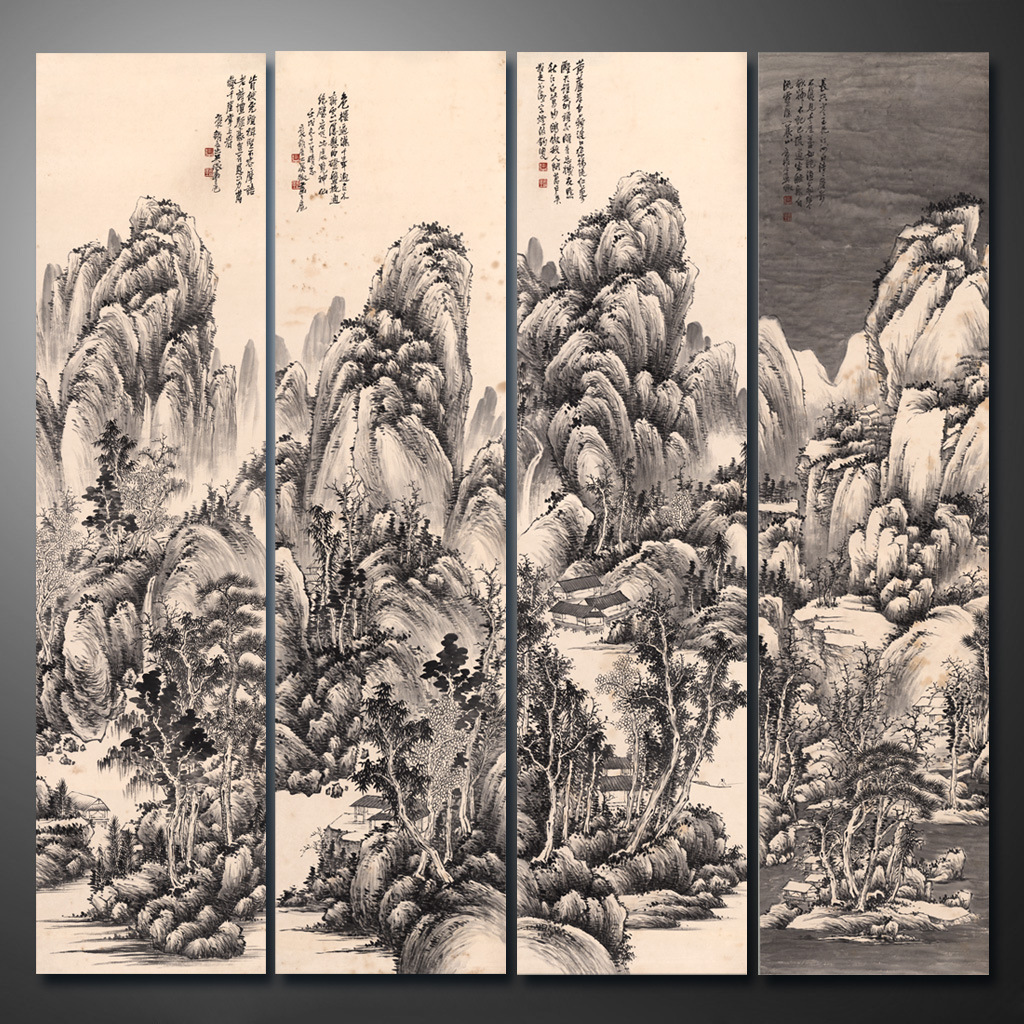 仿古四条屏国画山水画竖立玄关中式中堂画字画微喷宣纸画心c1357