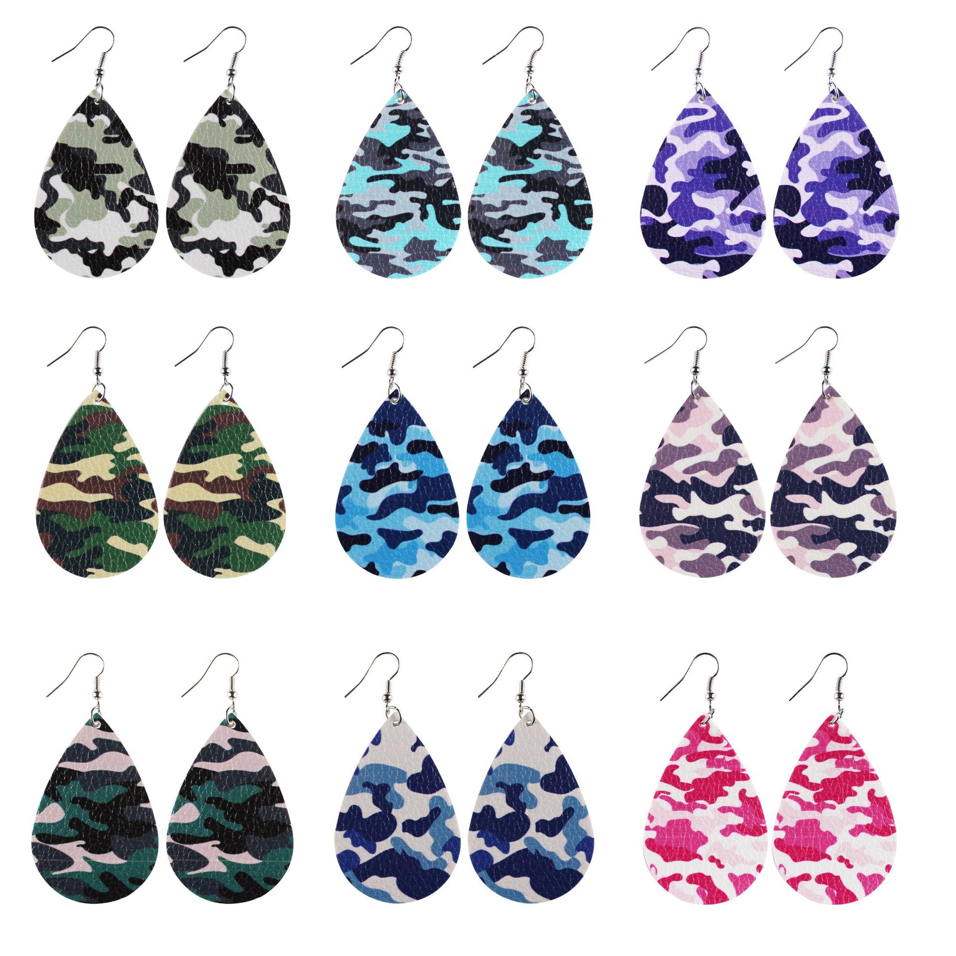 Army Green Camouflage PU Leather Earrings Water Drop Shape Duplex Printing Exclusive for Cross-Border Amazon