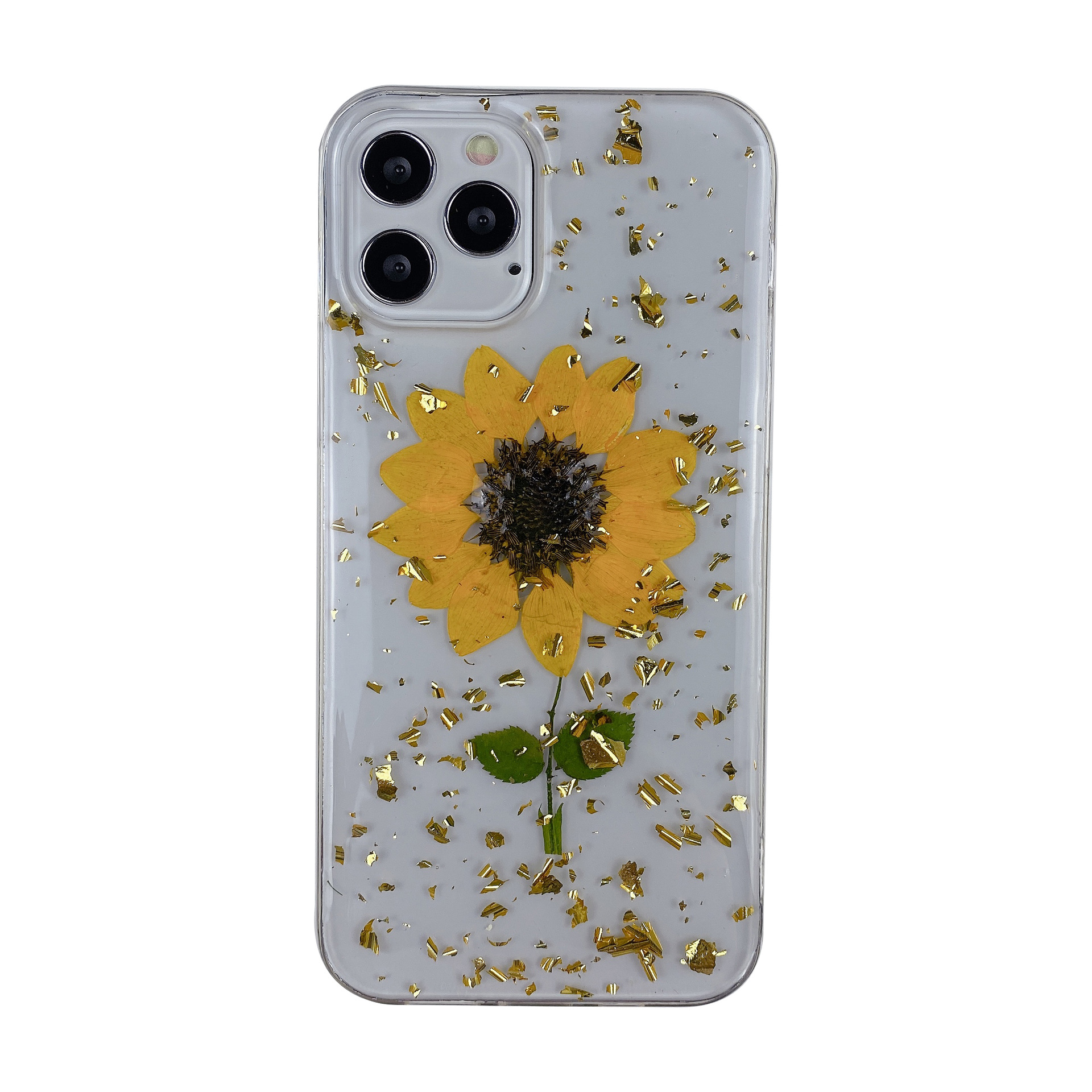 2021新款适用iphone12手机壳真花滴胶金箔向日葵干花透明苹果软壳