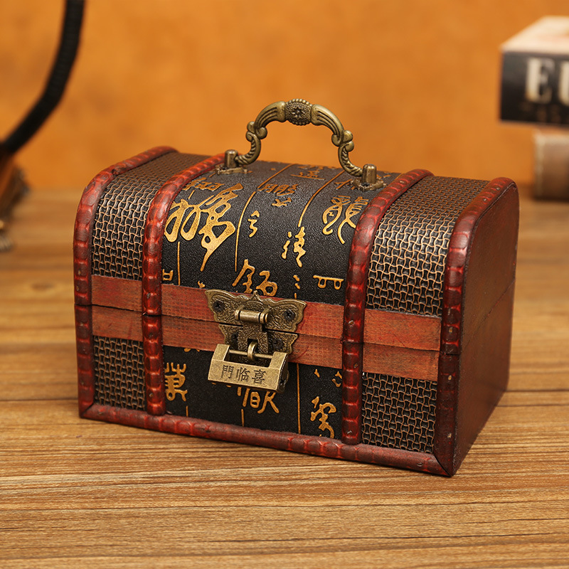 foreign trade wholesale vintage with lock small wooden box wooden storage box desktop cosmetics storage box jewelry box stage props box