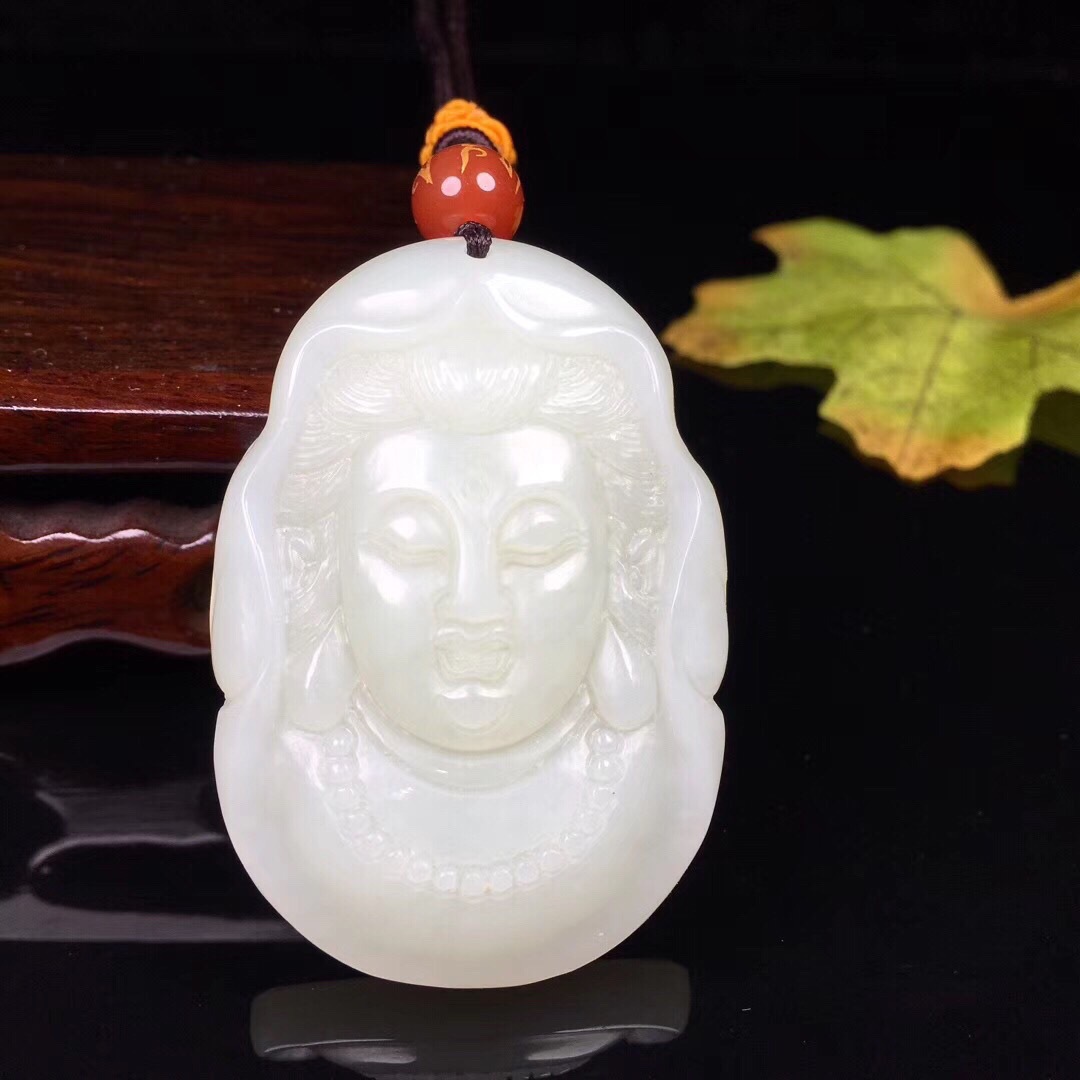 和田玉观音头像吊坠保真玉石白玉精雕观音菩萨男款玉挂件玉牌子