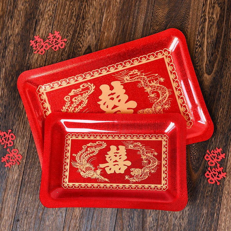 商用塑料结婚喜盘 托盘果盘茶水盘红色花盘大号茶杯圆盘精致中国