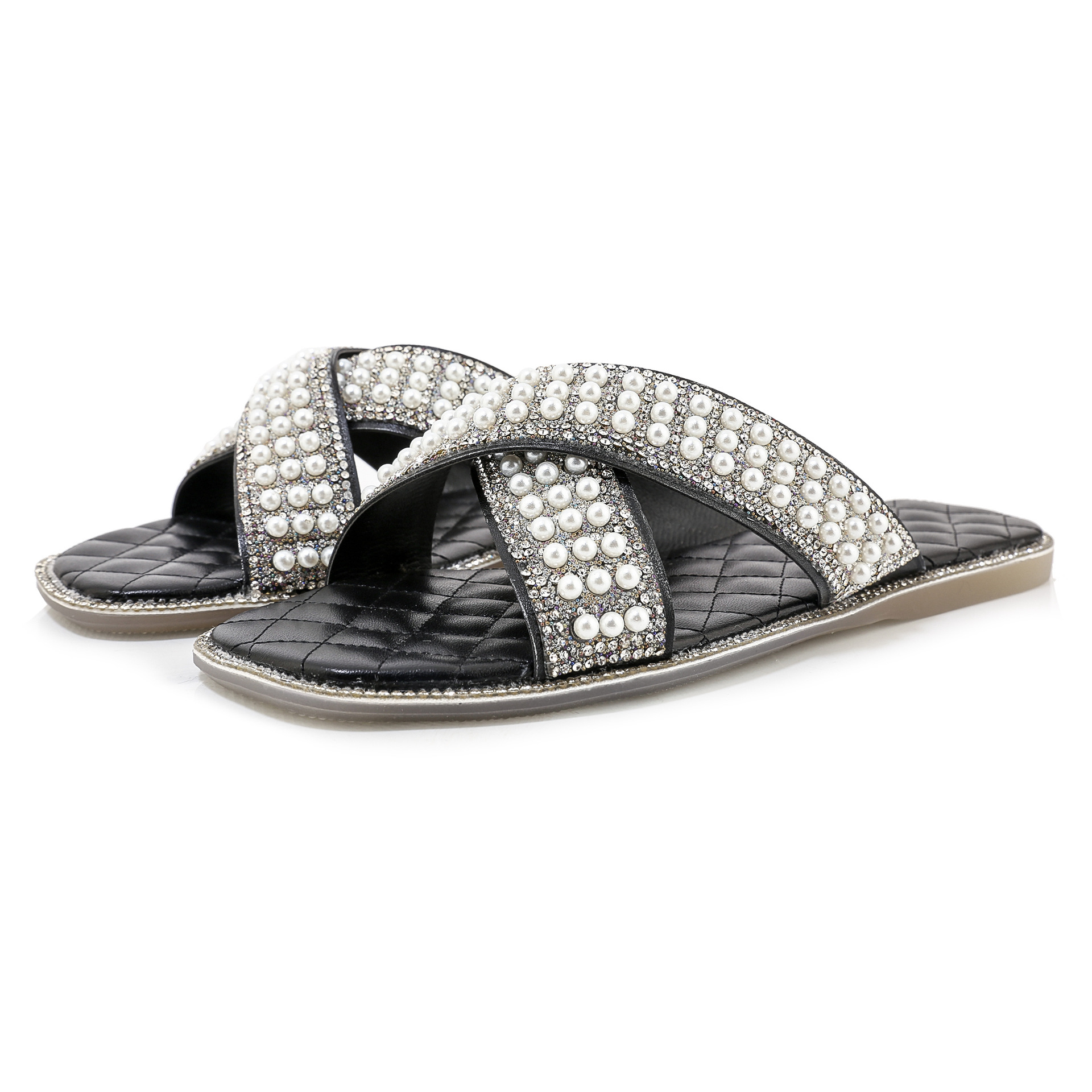 2020年夏季新品外贸时尚珍珠水钻装饰女鞋29-46大小码室外拖鞋