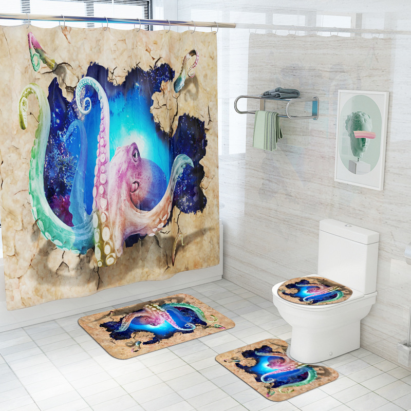 Cross-Border Spot 3D Shower Curtain Colorful Z Octopus Printed Waterproof Shower Curtain Four-Piece Toilet Carpet Set Bathroom
