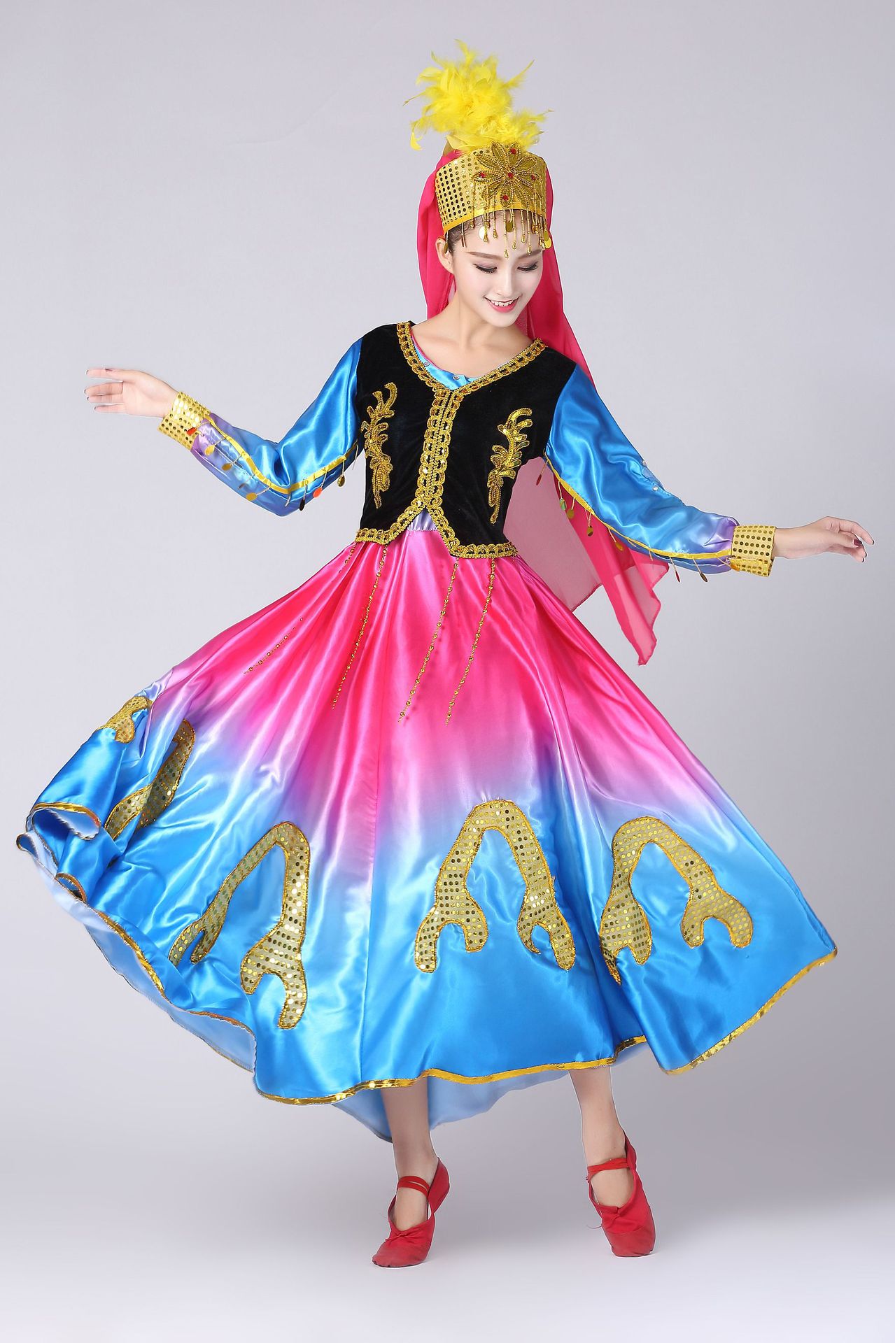 少数民族服装新疆大摆裙维族服装女童连衣裙儿童演出服维吾尔族服