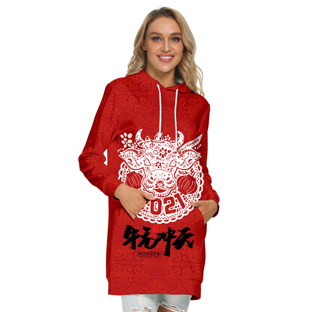 亚马逊跨境新款 牛年 3d印花周边时尚女长款卫衣连衣裙