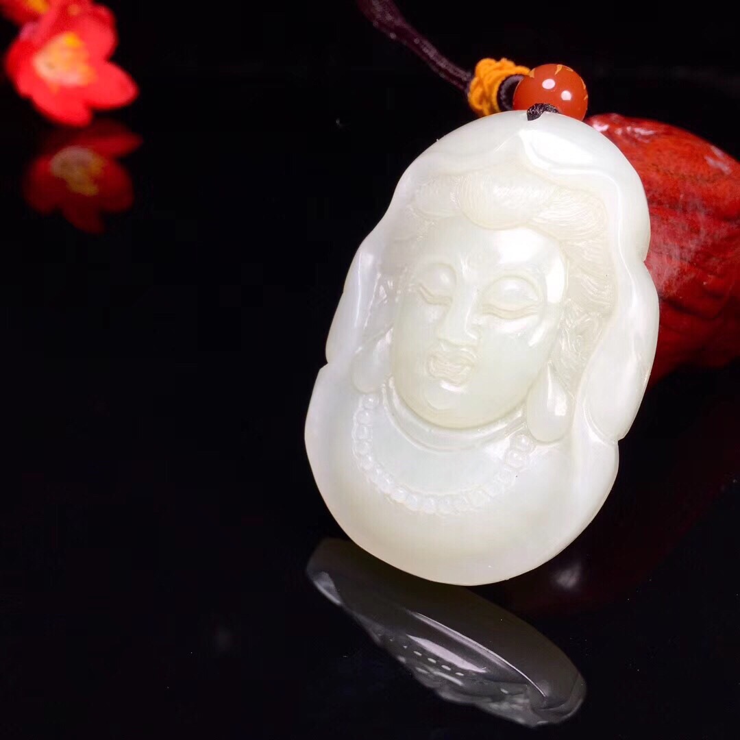 和田玉观音头像吊坠保真玉石白玉精雕观音菩萨男款玉挂件玉牌子