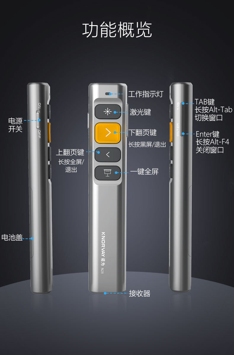诺为n28翻页笔 多功能ppt翻页笔 激光投影笔电子教鞭教学无线遥控