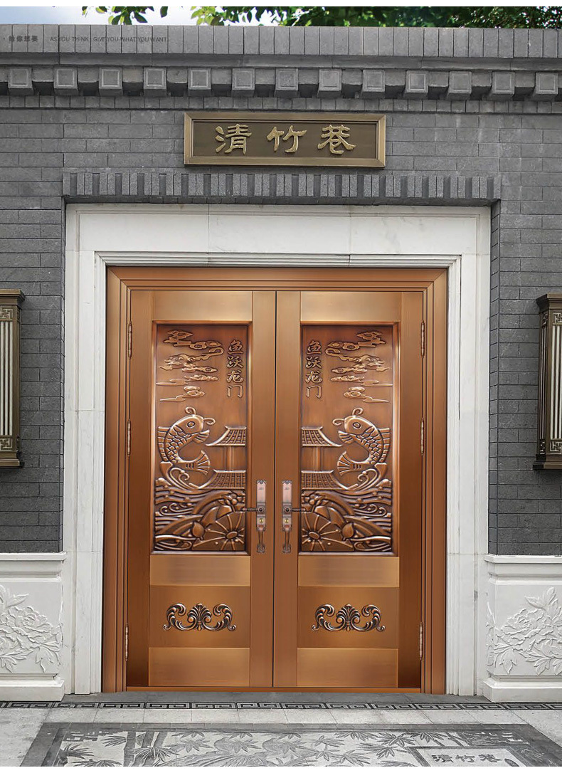 中式古铜色子母铜门不锈钢防盗韩式门现代简约别墅入户平开大门