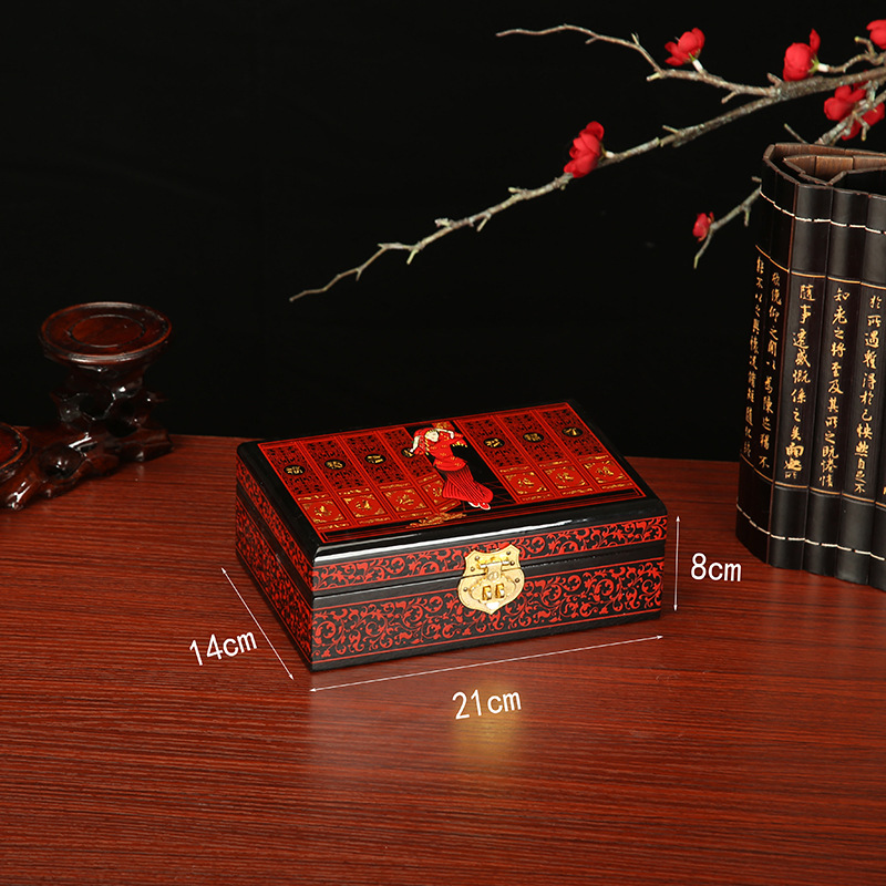 Marriage Dowry Supplies Chinese Retro Jewelry Storage Box Vanity Box Wooden with Lock Portable Jewelry Box