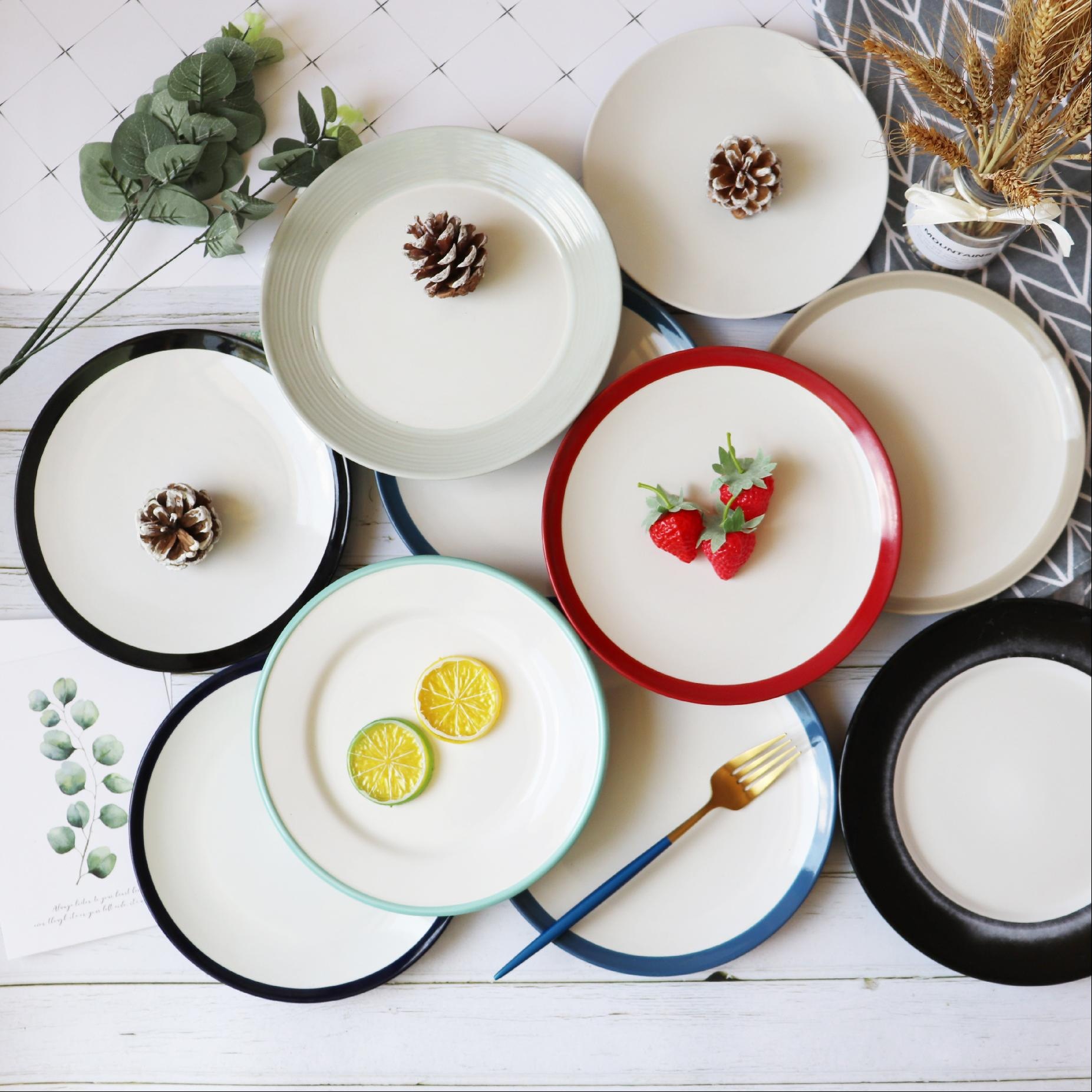 盘子 碟子创意北欧菜盘家用好看早餐盘网红餐具ins套装牛排红边盘