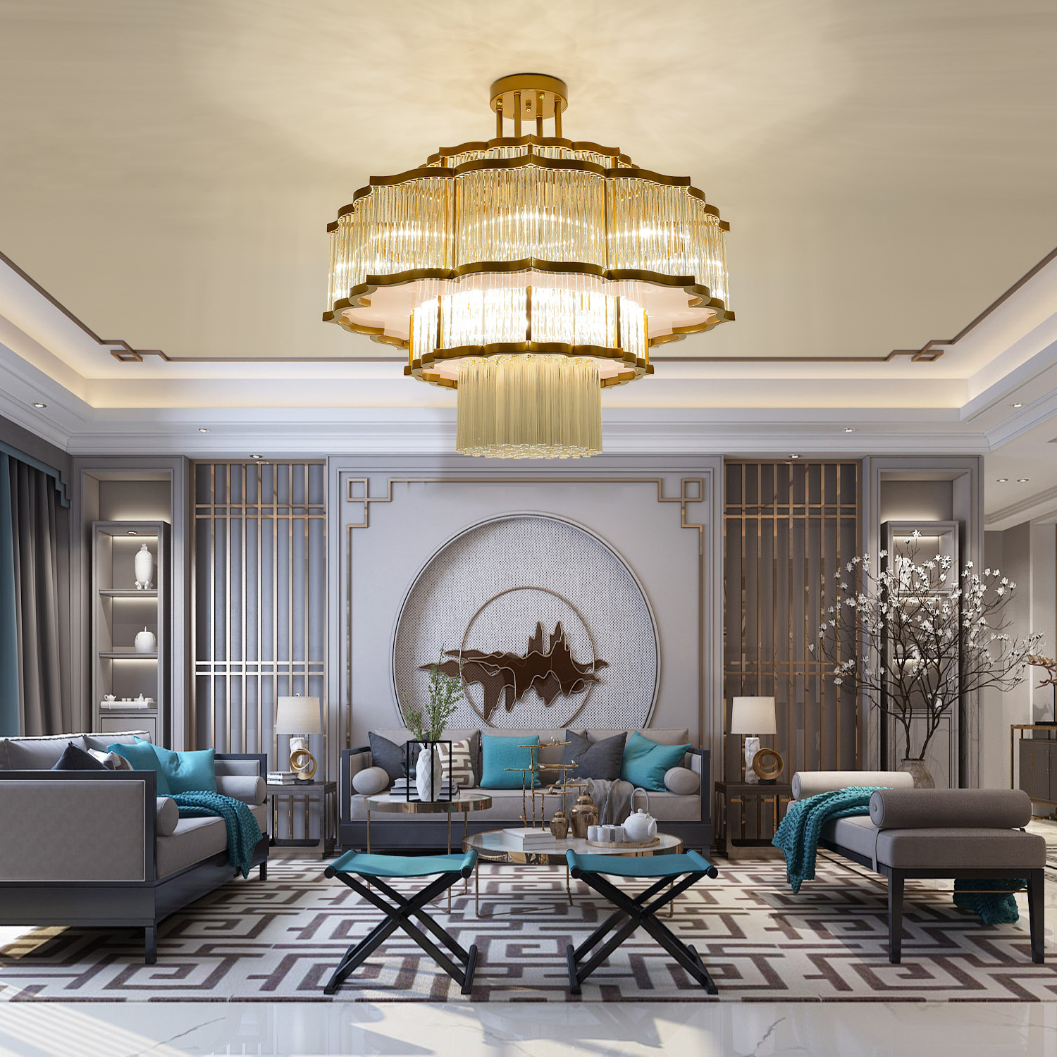 新中式轻奢大吊灯复试楼包间饭店水晶别墅灯客厅酒店大厅灯具