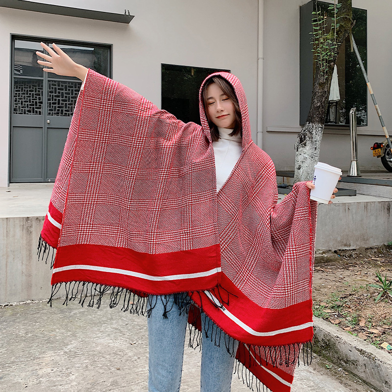 Houndstooth Red Hooded Cloak Tibet Yunnan Travel Thick Warm All-Match Cloak Coat Shawl