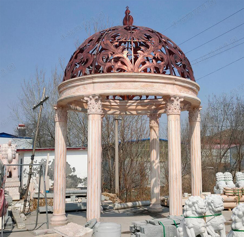 现货石亭子户外圆顶石雕凉亭雕塑晚霞红石头亭子户外园林欧式摆件