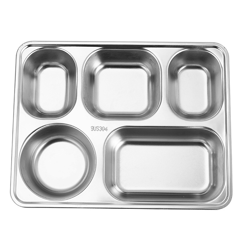 304 Stainless Steel Plate Adult and Children Canteen Square Divided Lunch Box Deepening Thickened with Lid Meal Tray Fast Food Plate