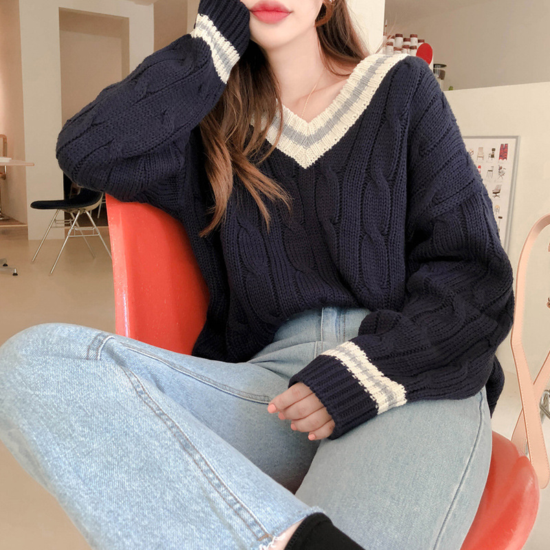 2020韩国2020秋冬新款复古麻花纹宽松撞色v领坑条纹针织衫套头毛
