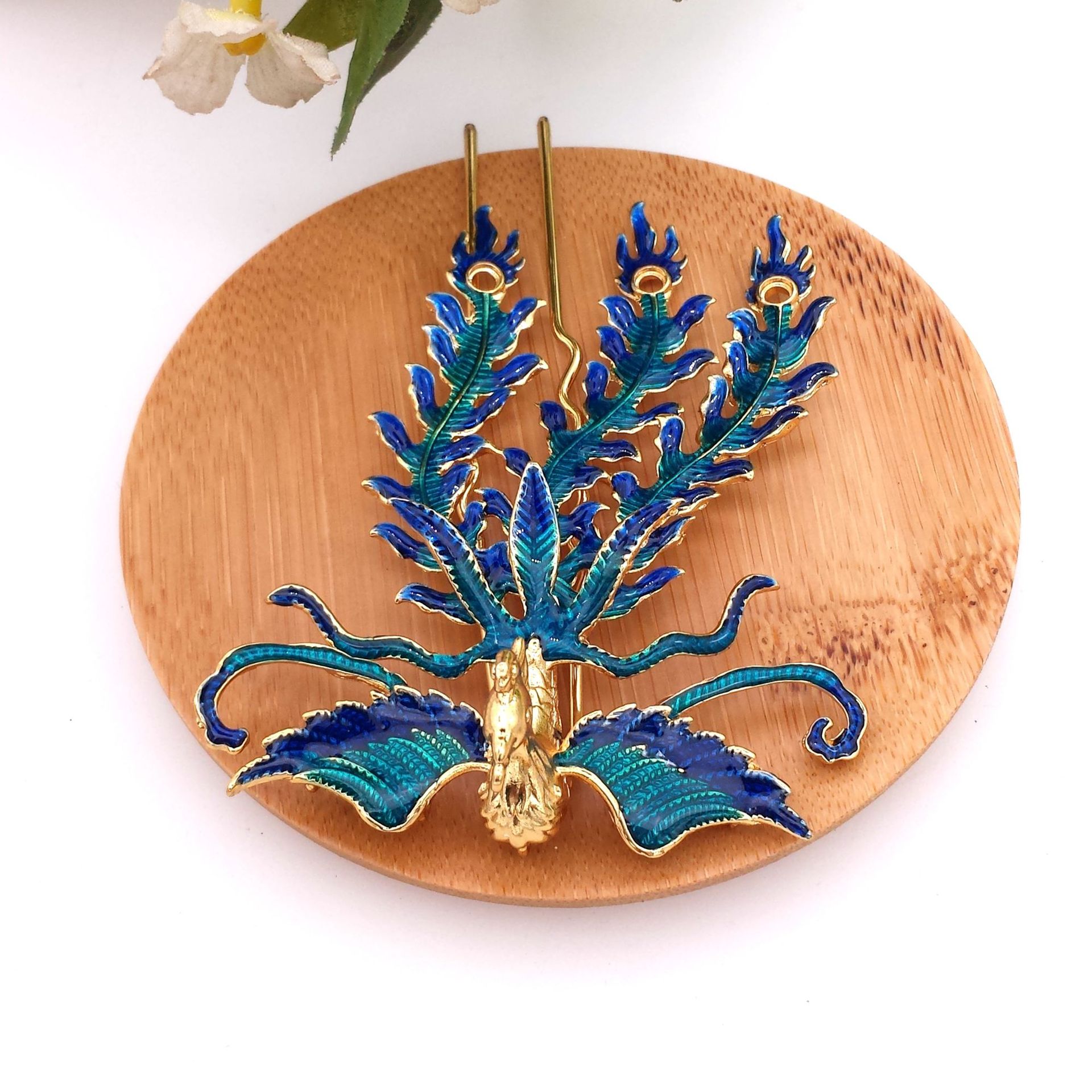 景泰蓝配件 烧蓝偏凤钗 合金滴油仿点翠材料diy古风汉服头饰铜钗