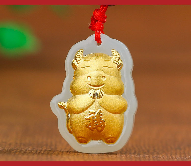 2021牛年金镶玉 4d和田玉足金 拜佛拜年发财福牛吊坠直播会销礼品