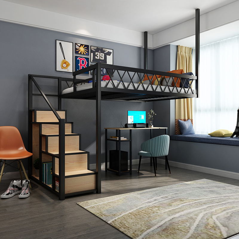 北欧卧室简约铁艺吊床 阁楼悬挂式多功能高架床 省空间带衣柜铁床