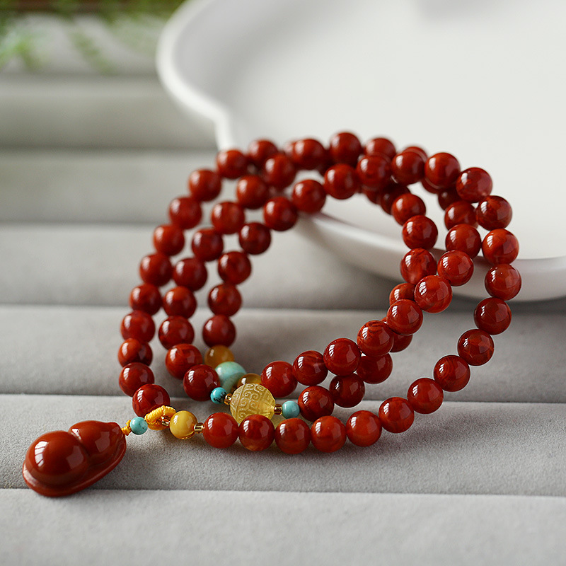 天然凉山南红玛瑙手串 火焰红手链7mm绕三圈吊满肉南红葫芦手串女