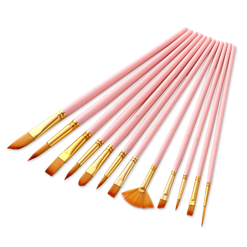 美术绘画用品 12支组合尼龙毛画笔套装 哑光蓝色杆油画笔套装批发